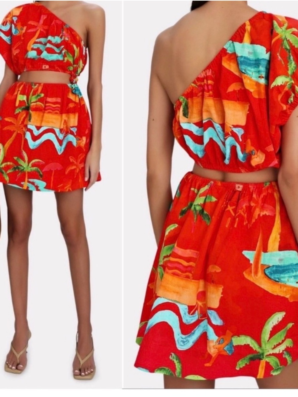 FARM Rio Red One-Shoulder Tropical Print Ipanema Mini Dress